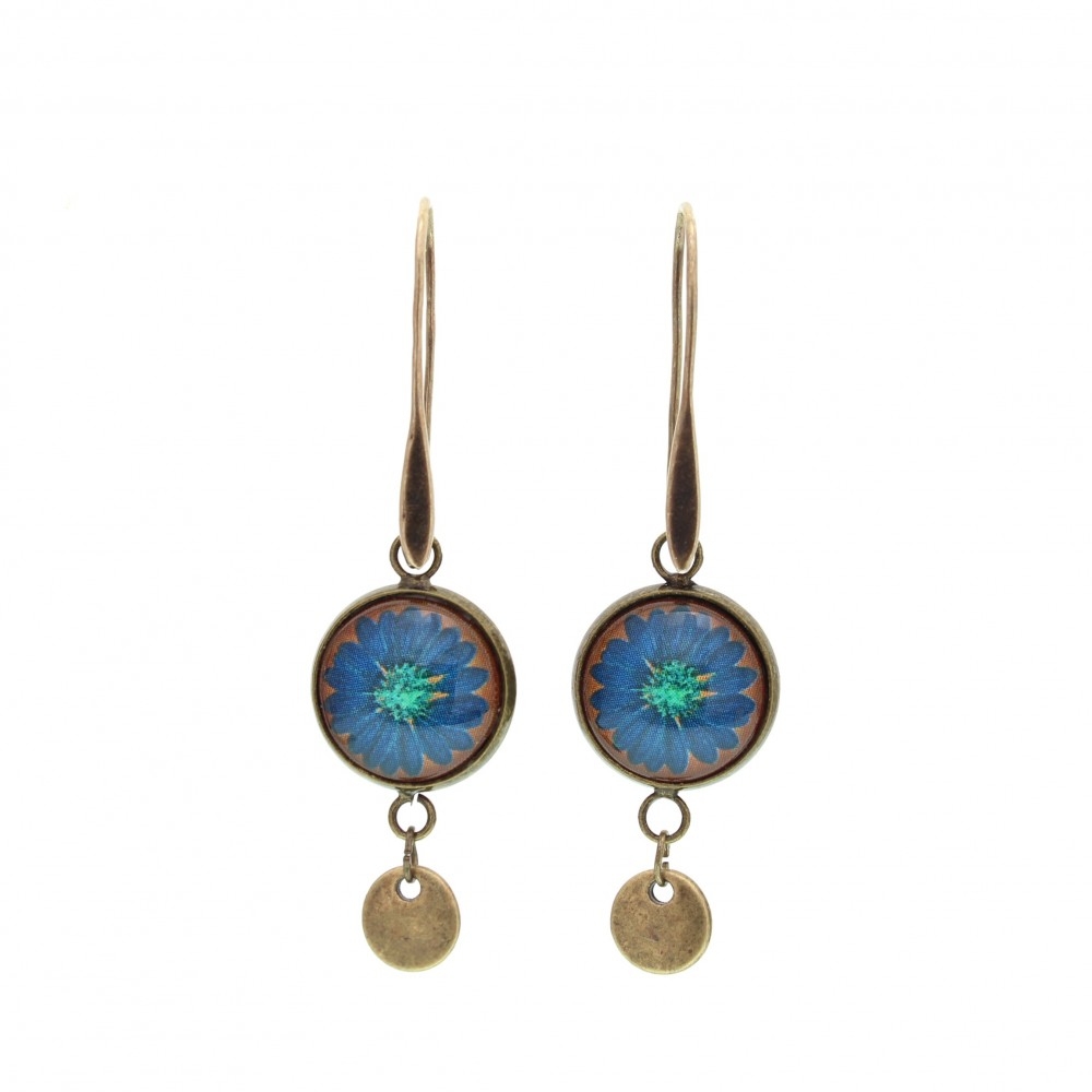 Orecchini lunghi piccoli metallo anticato Margherita blu - Soul Scope