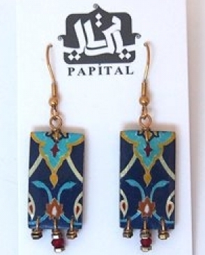 Orecchini iraniani lunghi rettangolari decorati a mano - Blu rosso . Papital