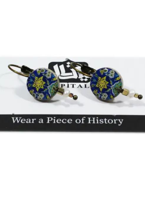 Orecchini tondi maiolica blu fiori gialli