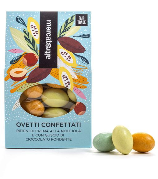 Ovetti di Pasqua confettati, ripieni di crema alla nocciola e ricoperti con cioccolato fondente.