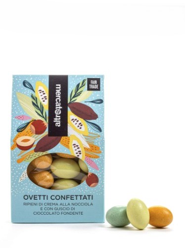 Ovetti di Pasqua confettati, ripieni di crema alla nocciola e ricoperti con cioccolato fondente.