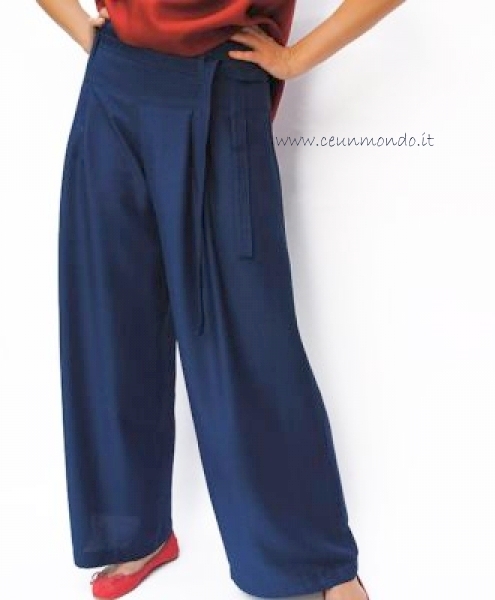 Pantaloni ampi a vita alta in seta-cotone Fana Blu pacifico