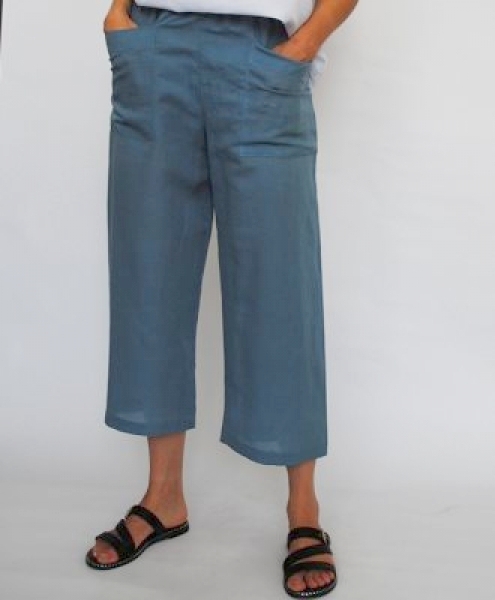 Pantalone in cotone lino modello 3/4 Jade Azzurro