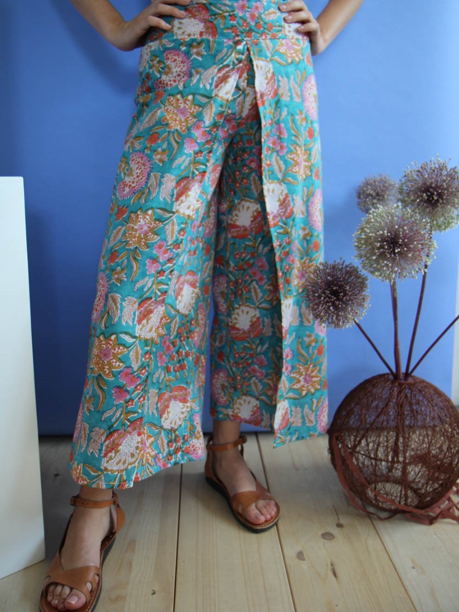 Pantaloni donna larghi Prato fiorito Azzurro rosa - Trame