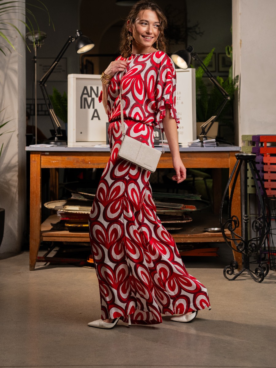 Pantaloni eleganti a palazzo fantasia Rossa Tulipano