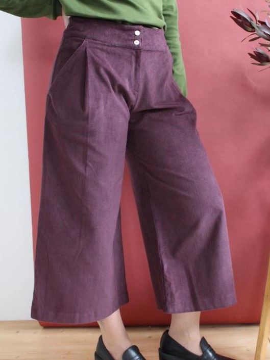 Pantaloni velluto donna a coste Folk cropped Prugna - Trame