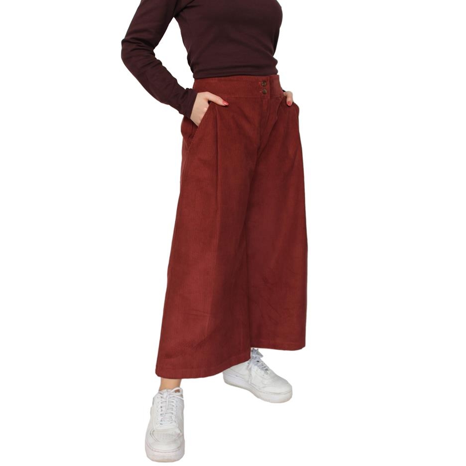 Pantaloni in velluto millerighe cropped Folk Rosso terra - Trame