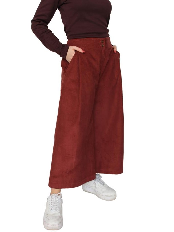 Pantaloni in velluto millerighe cropped Folk Rosso terra - Trame