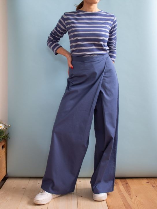 Pantaloni larghi donna in satin di cotone Carol Blu  - Trame