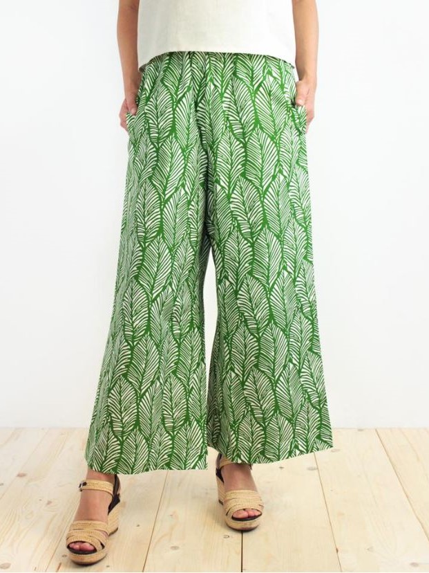 Pantaloni larghi in cotone fantasia Foglie verdi Nina - On Earth