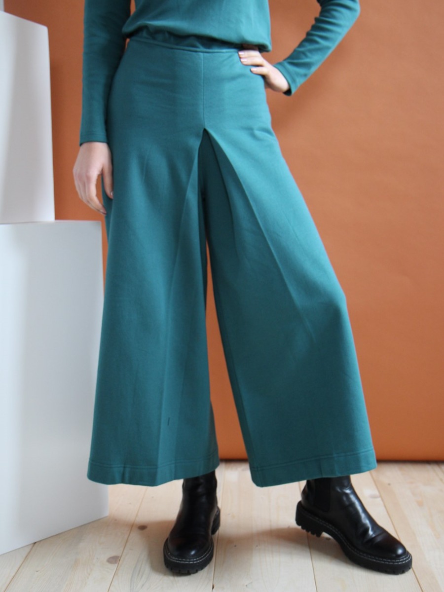 Pantaloni cropped Vele in cotone organico felpato verde petrolio