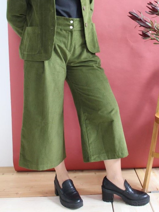 Pantaloni velluto donna a coste Folk cropped Verde