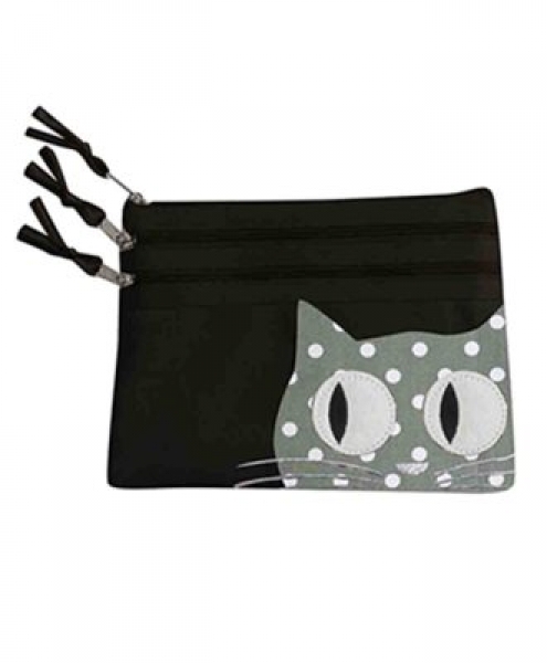 Pochette 3 tasche in cotone nero LE CHAT con gatto a pois 20x15 cm