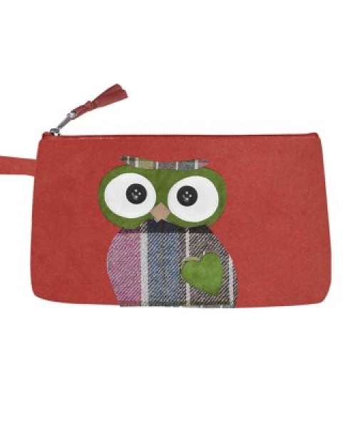 Pochette in tessuto SIGNOR GUFO rosso con gufo applicato 21,5x11,5 cm