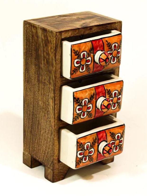 Porta gioie, cassettiera in legno 3 cassetti ceramica in arancio