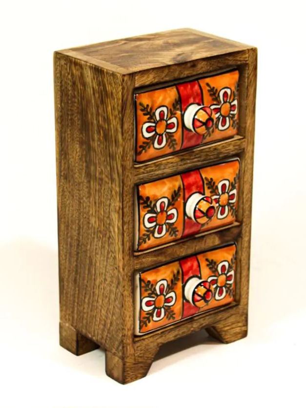 Porta gioie, cassettiera in legno 3 cassetti ceramica in arancio