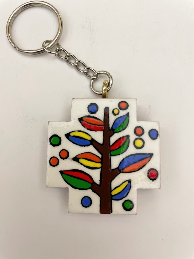 Portachiavi Croce quadrata in legno con albero della vita