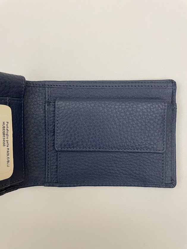 Portafoglio uomo in pelle Blu Paolo. Tasca per le monete con bottone