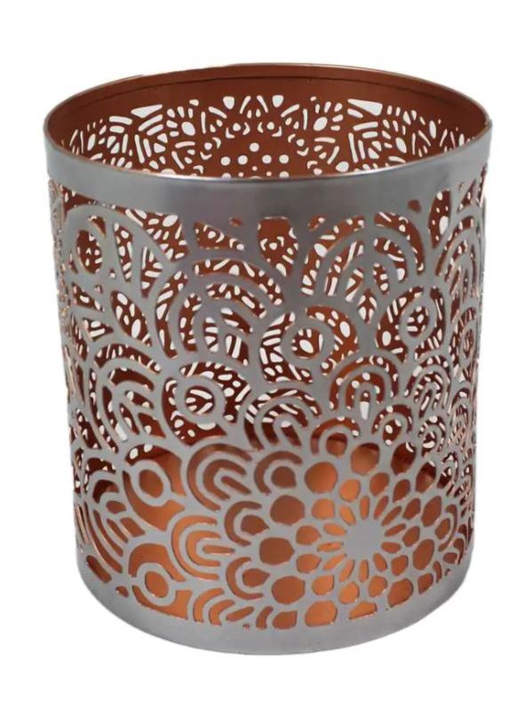Lanterna porta candela in ferro traforato color bronzo argento