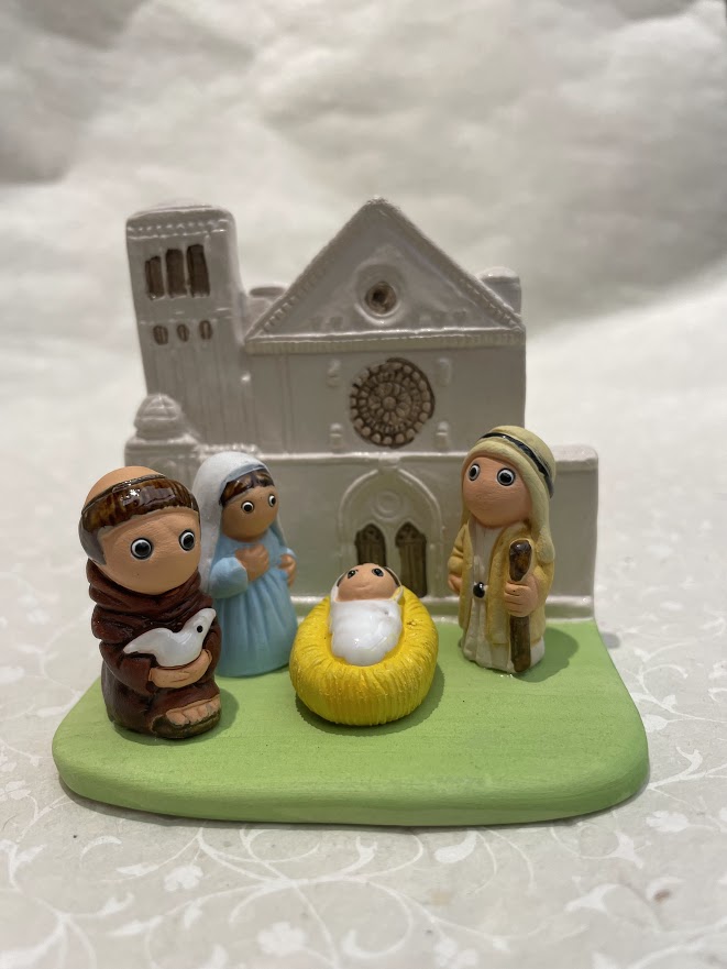 Presepe Assisi con San Francesco, 5 figure - pezzo unico in ceramica