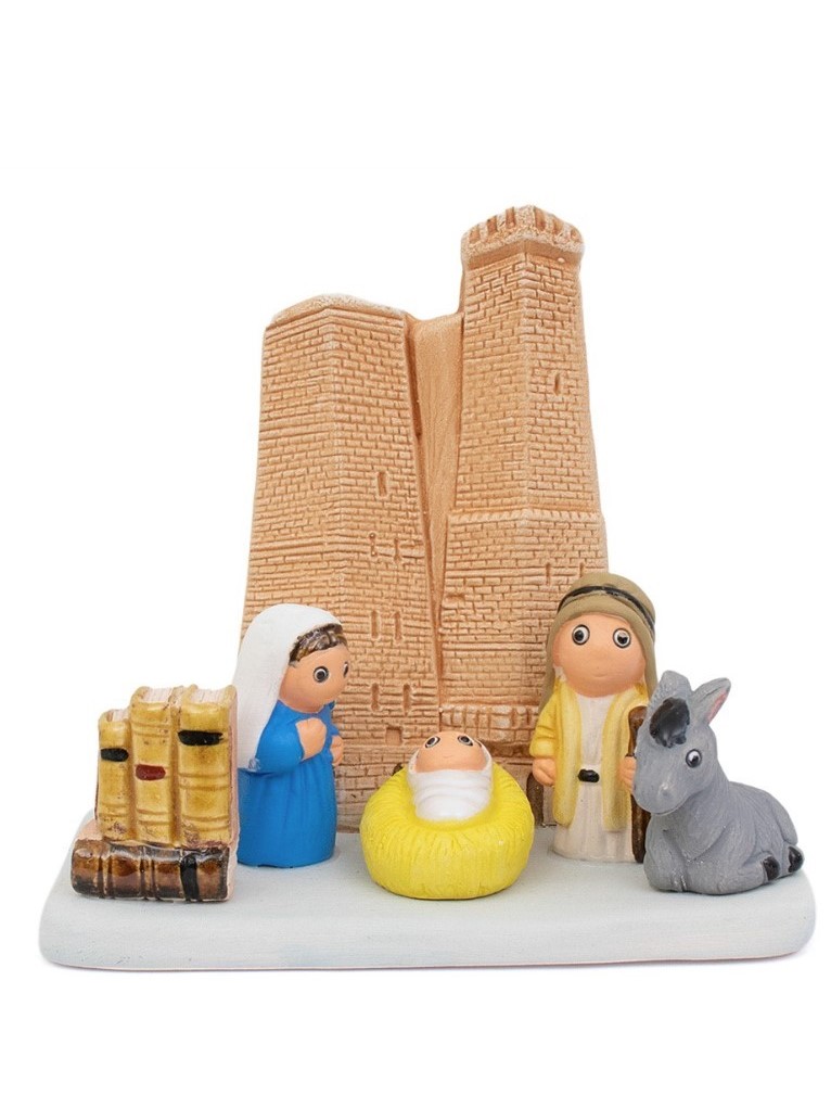 Presepe Bologna in ceramica, pezzo unico. Con le due Torri Garisenda e Asinelli