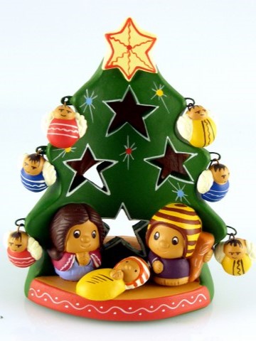Presepe porta lumino con albero di Natale in terracotta bimbi e angeli