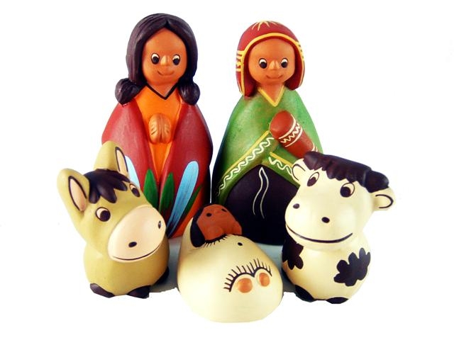 Presepe etnico peruviani con poncho in ceramica dipinta a mano, 5 personaggi colorati.
