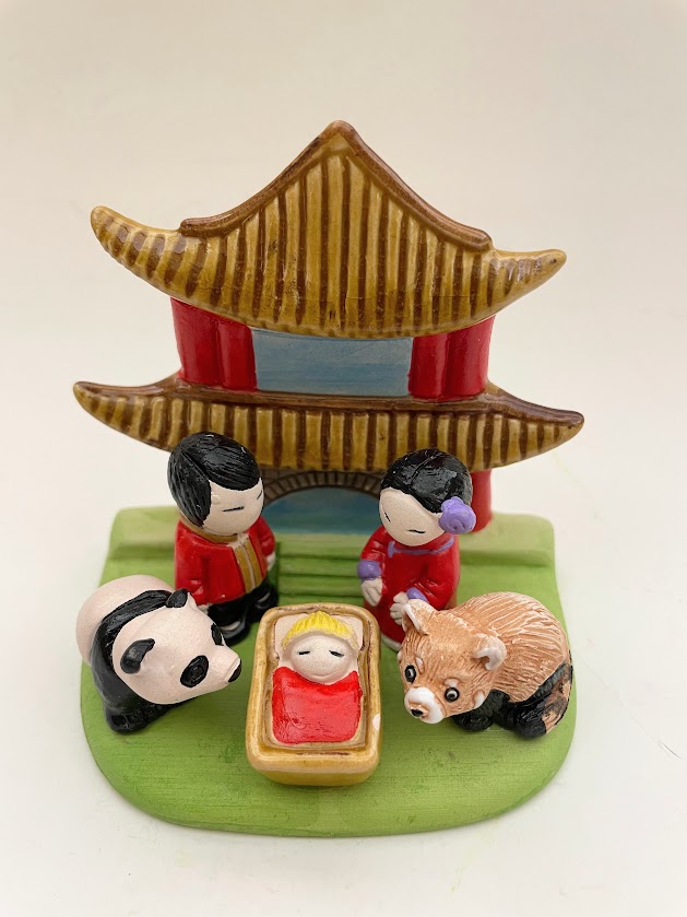 Presepe in ceramica Cina pezzo unico dipinto a mano, equo solidale fatto in Perù.