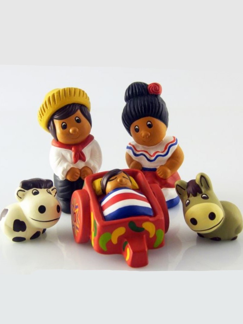 Presepe etnico con personaggi in costume folk, 5 figure distinte in ceramica dipinta