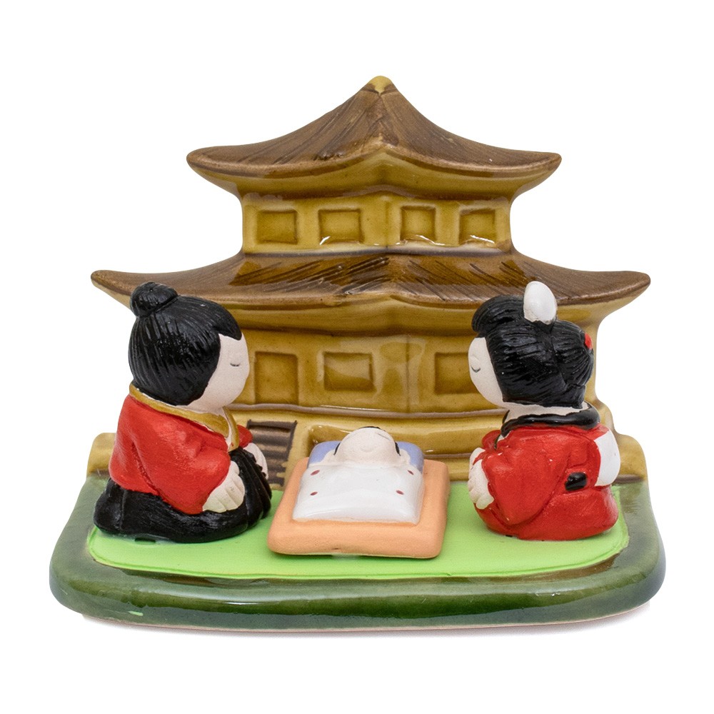 Presepe Giappone con pagoda in terracotta laccata, pezzo unico, equo solidale fatto in Perù.