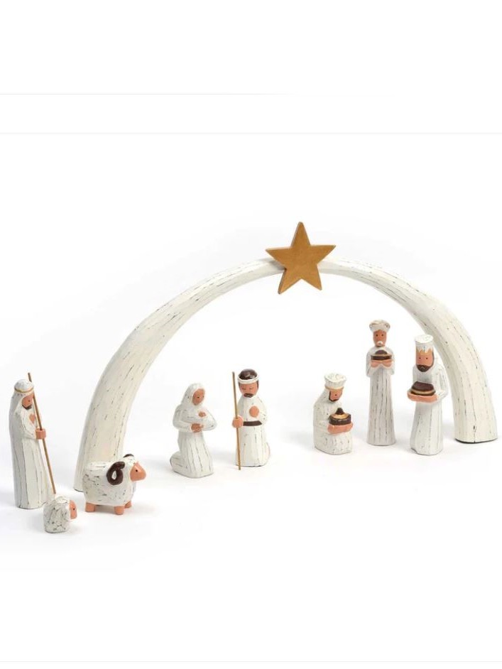 Presepe grande in legno intagliato dipinto bianco con 8 personaggi