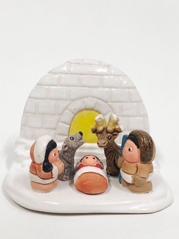Presepe ceramica Igloo con renna, originale compatto