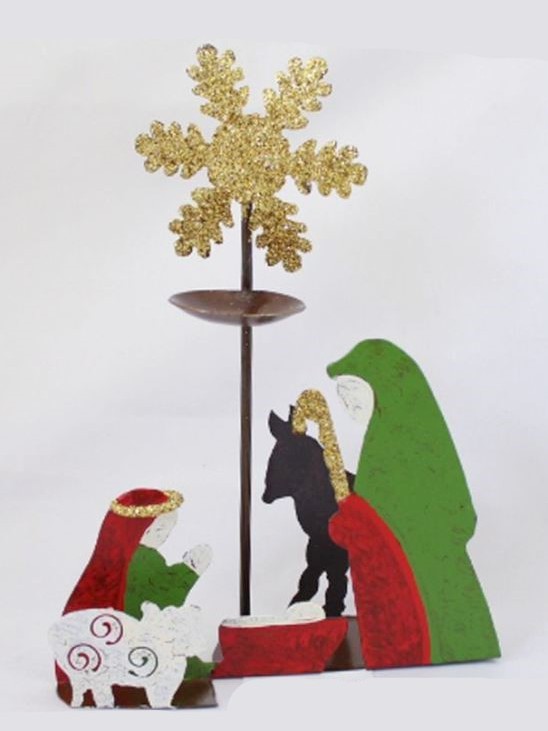 Presepe in ferro battuto dipinto a mano, 3 figure con porta lumino pezzo unico