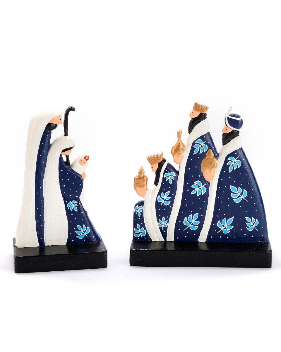 Presepe in legno di albasia Inchino dei Re Magi blu