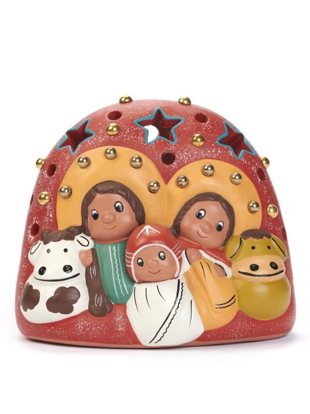 Presepe porta lumino rosso in terracotta perle dorate fatto a mano, Equo solidale dal Perù. 