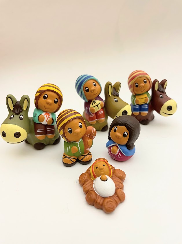 Presepe mondo peruviano Berretti su asinelli in ceramica dipinta a mano, 6 personaggi.