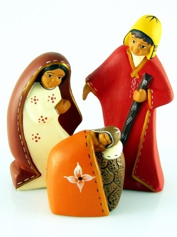 Presepe Natività stilizzata 3 figure alte colorate in terracotta