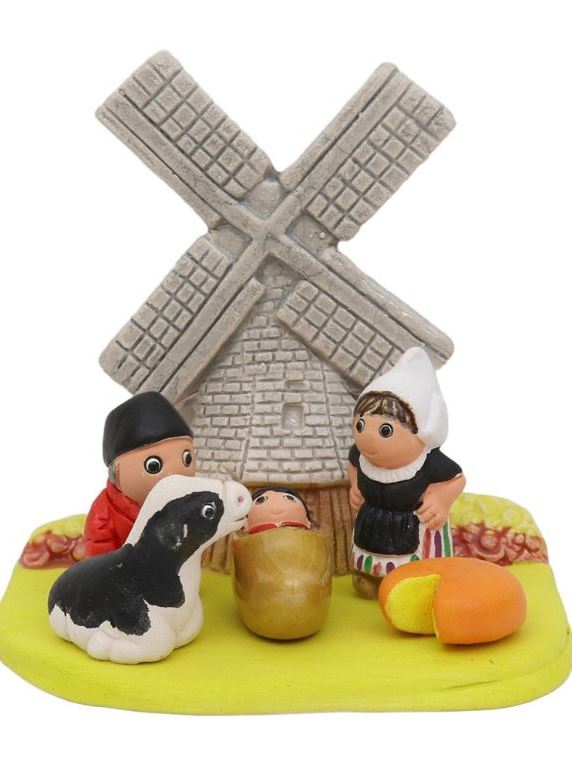 Presepe olandese in ceramica dipinta a mano laccata - pezzo unico con mulino a vento come sfondo