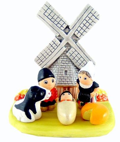 Presepe olandese in ceramica dipinta a mano laccata - pezzo unico con mulino a vento come sfondo