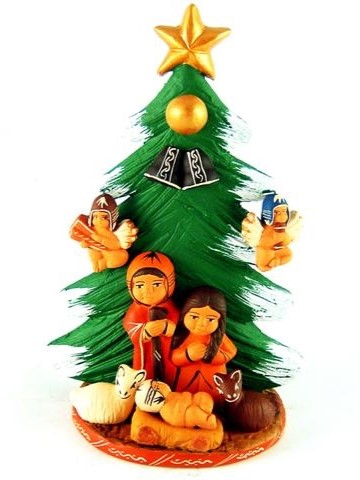 Presepe Peruviano Albero di Natale con 2 angeli in ceramica fatto a mano, Equo solidale dal Perù.