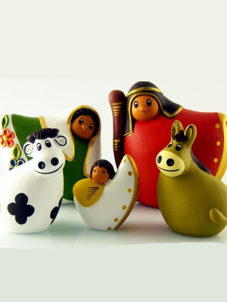 Presepe peruviano in terracotta figure danzanti colorate