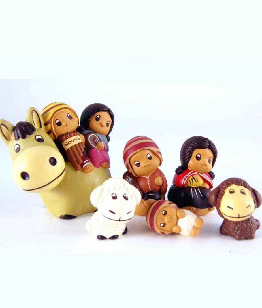 Presepe peruviano con berretti su asinello in ceramica dipinta a mano