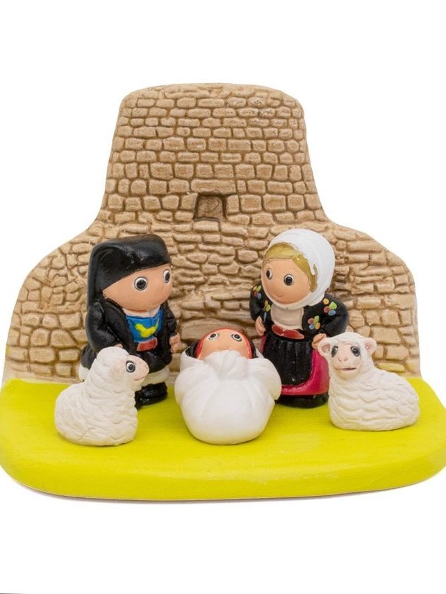 Presepe Sardegna in ceramica dipinta a mano con Nuraghe