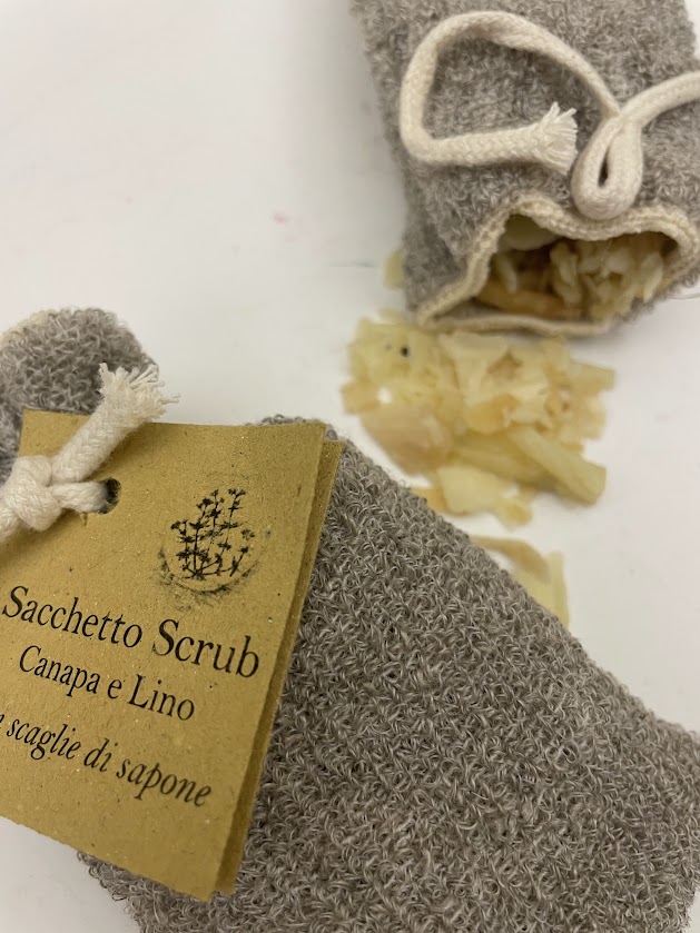 Sapone in sacchetto di canapa per doccia scrub, Lunaroma.