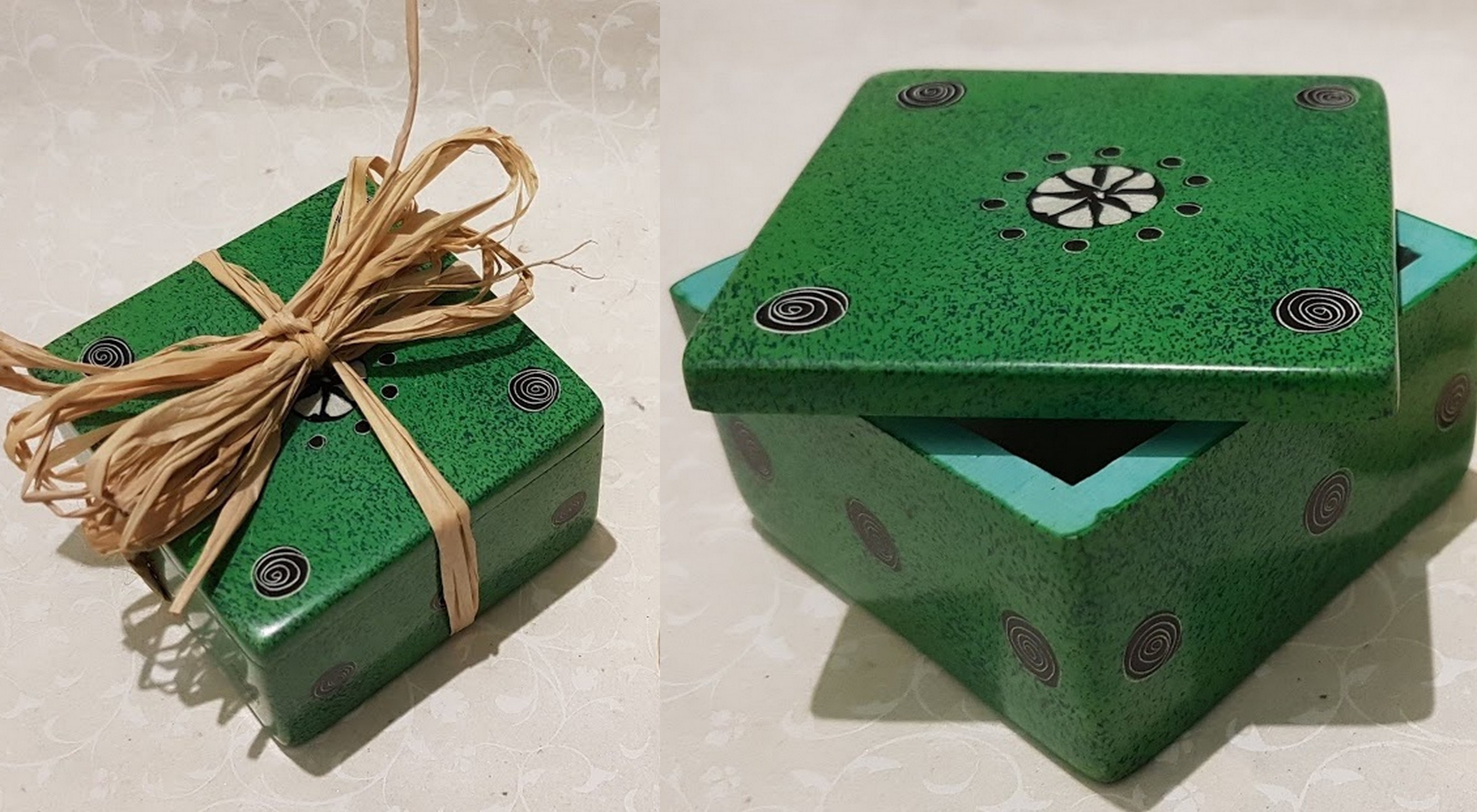Scatolina in pietra saponaria verde con confetti e rafia
