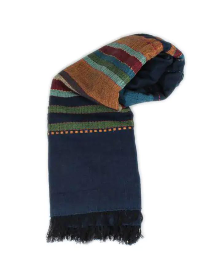 Sciarpa in cotone a righe e ricamata palette blu cannella