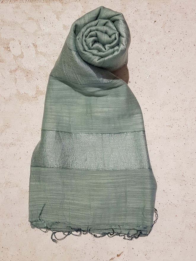 Sciarpa 50% seta 50% cotone Tinta Unita righe Verde acqua