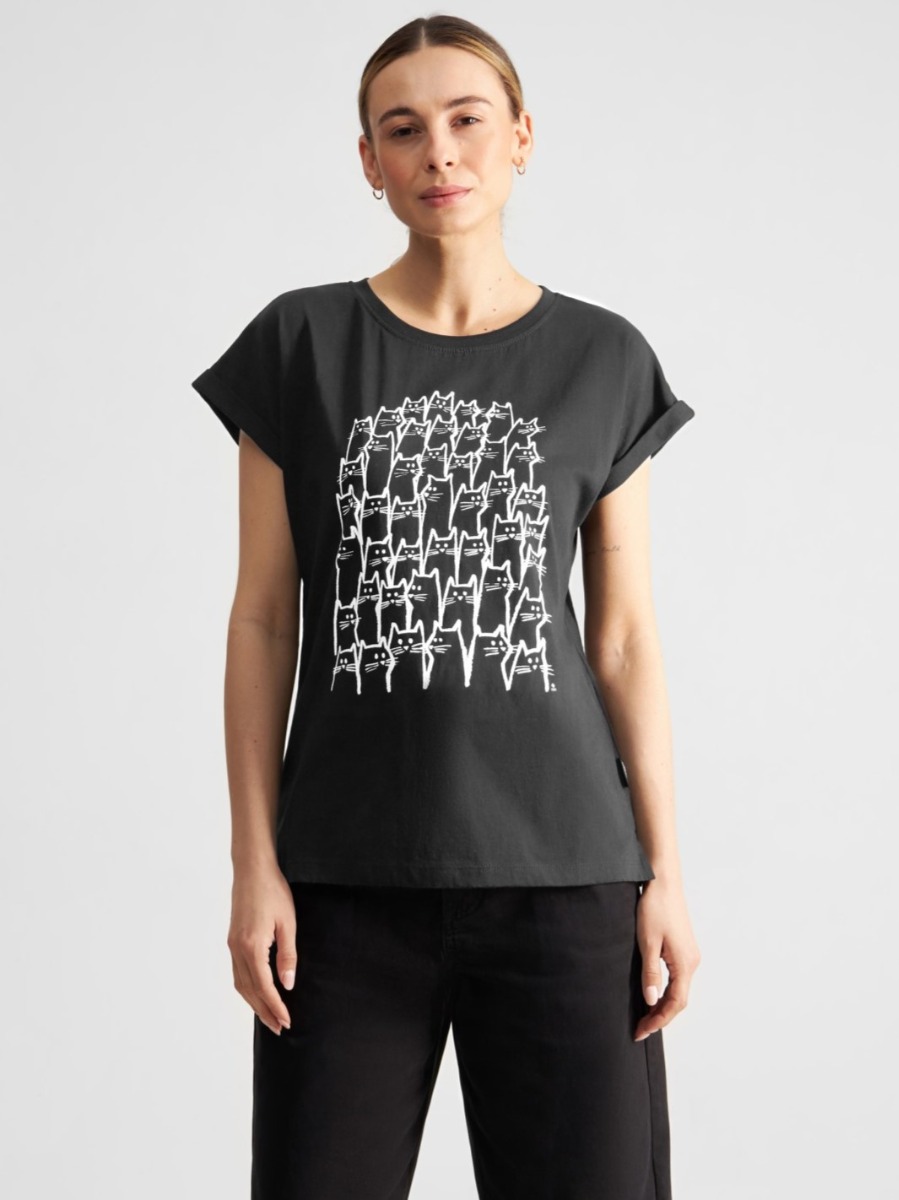 T-shirt cotone organico Visby CAT CROWD nera donna