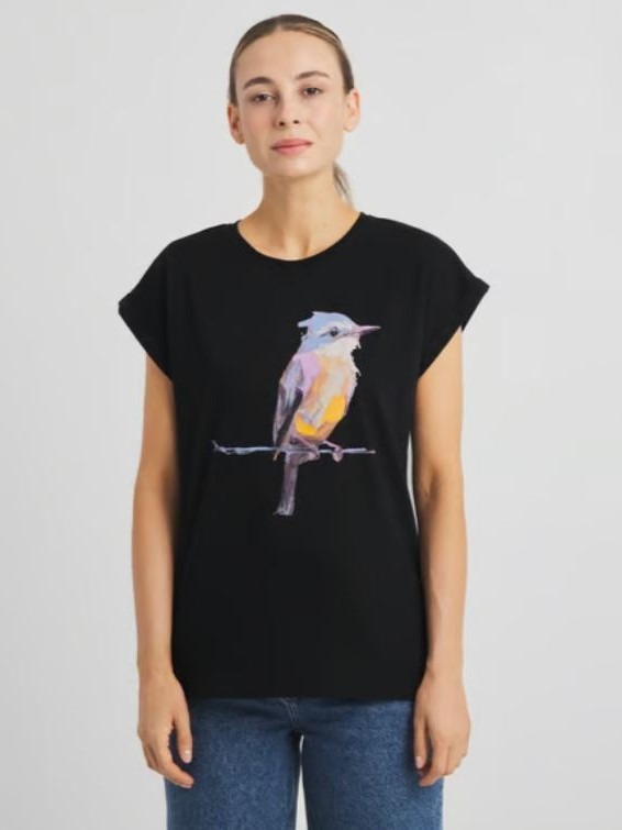 T-shirt donna Painted bird black cotone bio