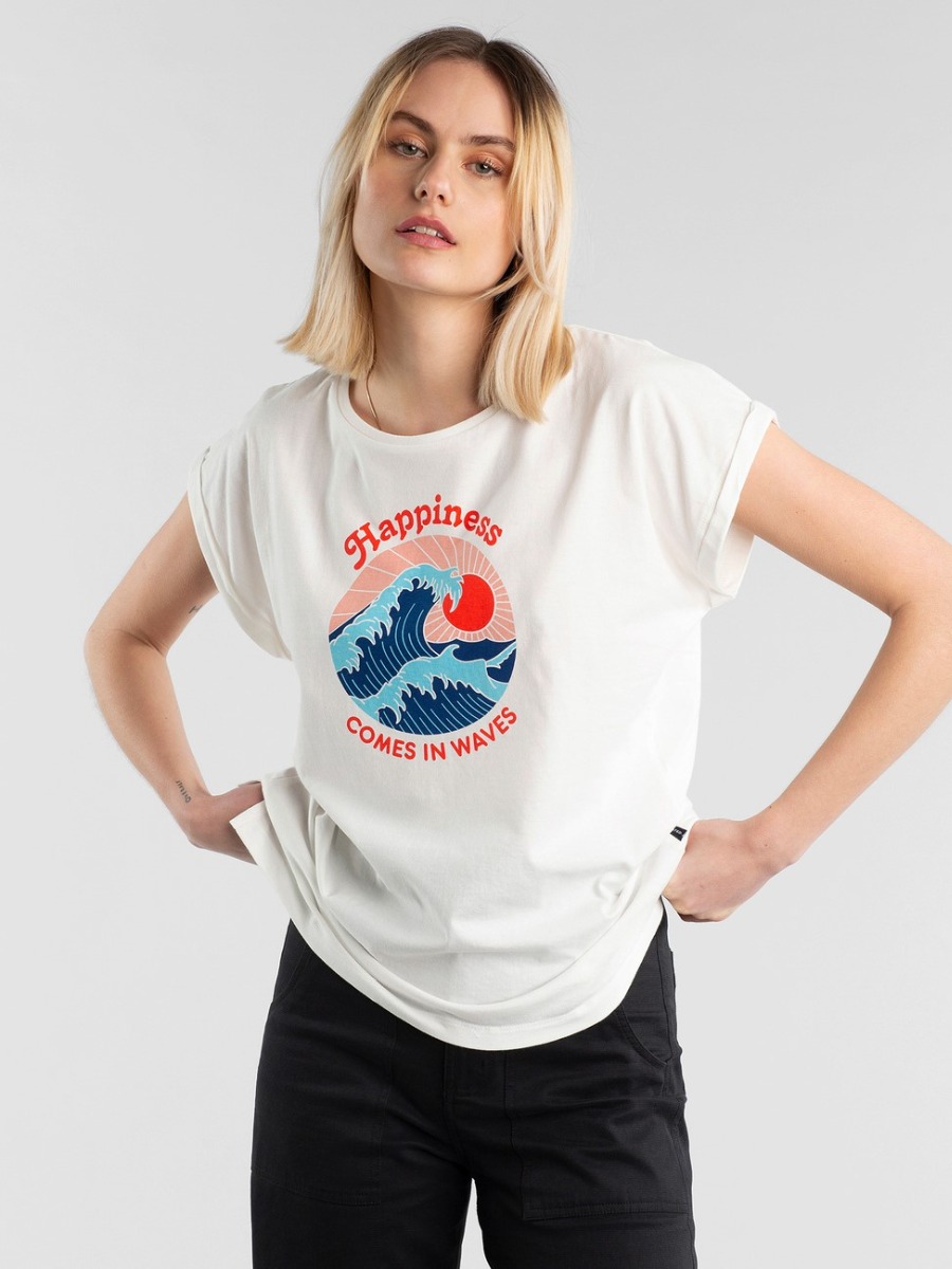 T-shirt cotone organico Happiness donna Bianca con il disegno dell'onda